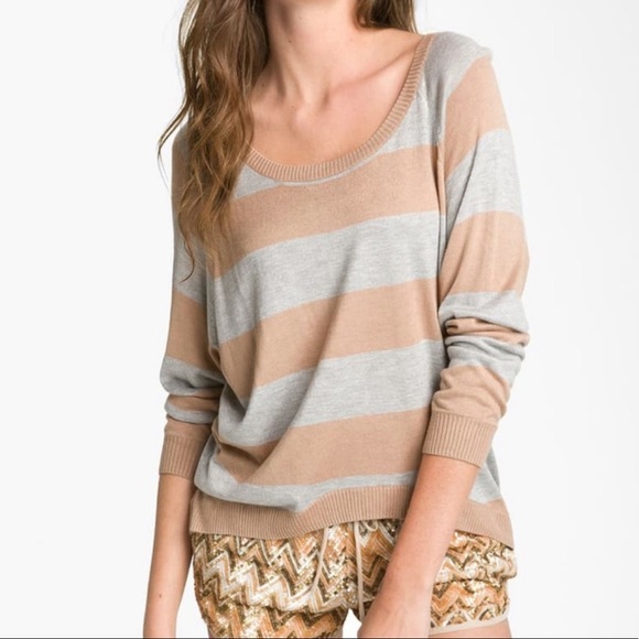 NWT Haute Hippie Pullover Camel Tan Gray Viscose Silk Striped Sweater Size XS/S - Picture 1 of 10